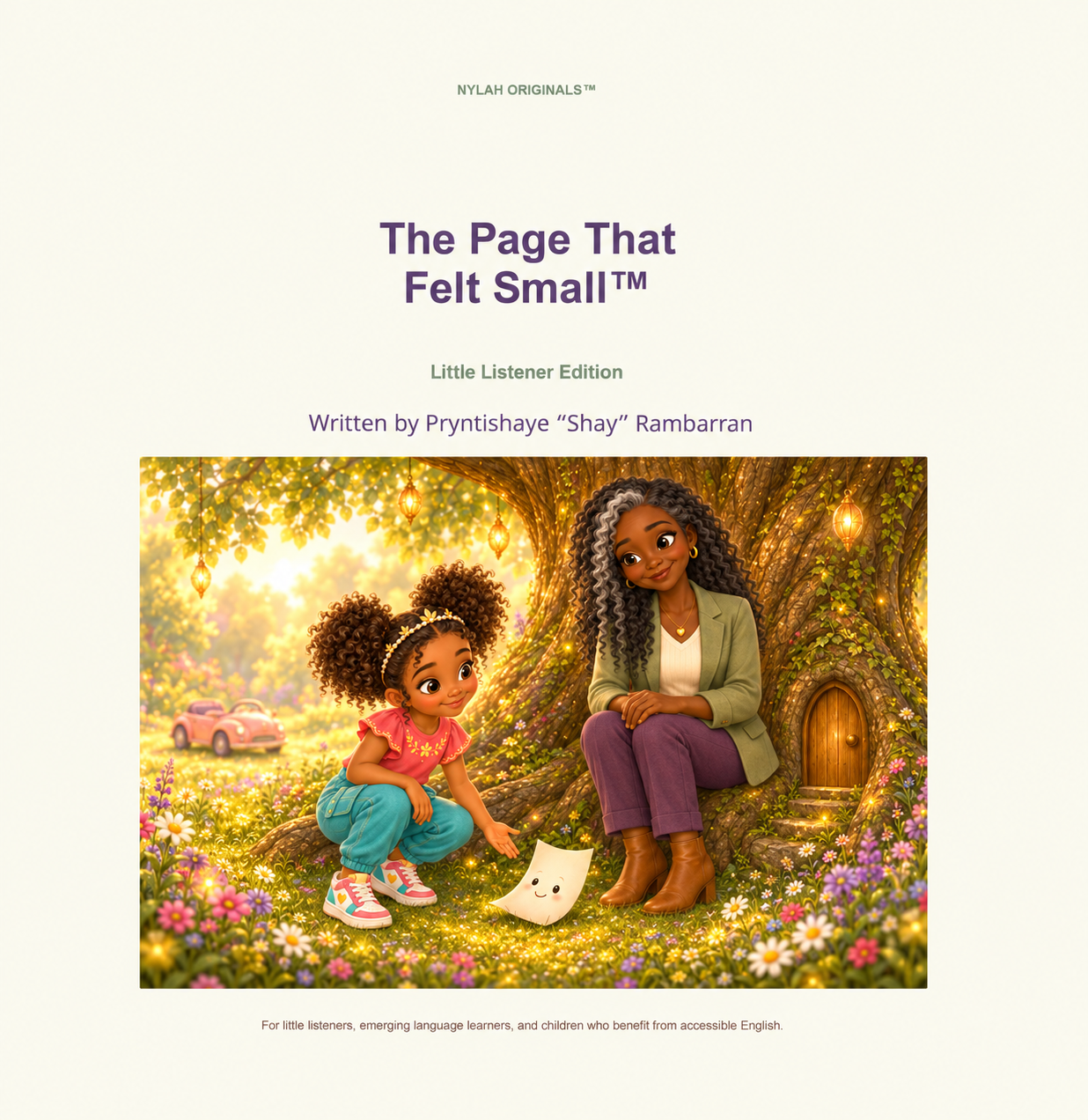 Front cover of The Page That Felt Small, Little Listener Edition, featuring Nylah and Miss Delois beneath the Stillbright Tree